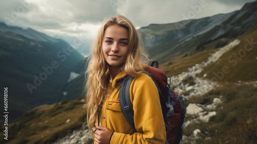 Portrait of a beautiful young smiling woman with backpack on the background of mountains. Teenage girl with backpack hiking in the mountains, looking at camera. AI generated