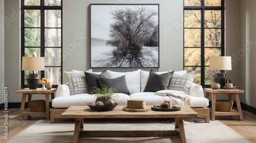 Modern bright living room interiors with art wallpaper. 