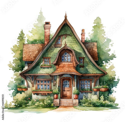 Watercolor green cottage illustration. Generative AI, png image © Julia 