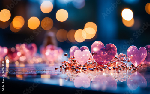 Romantic bokeh background with pink heart design.