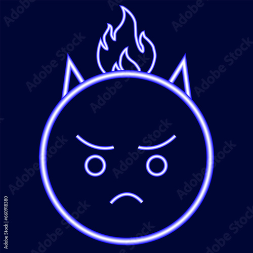 Neon blue angry smiley. Fire blue
