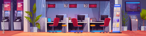 Bank office room inside interior with atm cartoon background. Lobby with counter, desk and chair in service area illustration. Open space corporate workplace in financial department with computer