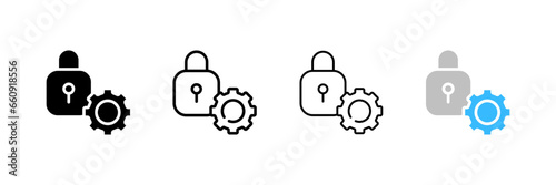 Setting up a lock for a key. Different styles, password setting, key lock, gear and lock. Vector icons