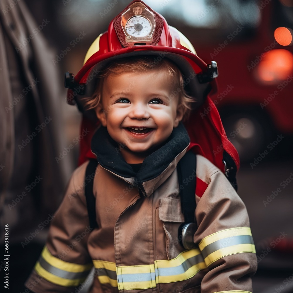 Portrait of a smiling boy in a yellow firefighter uniform standing near a fire truck. Portrait of a boy in a protective helmet on the background of a fire truck. Portrait of a cute little fireman Portrait of a smiling boy in a yellow firefighter uniform standing near a fire truck. Portrait of a boy in a protective helmet on the background of a fire truck. Portrait of a cute little fireman