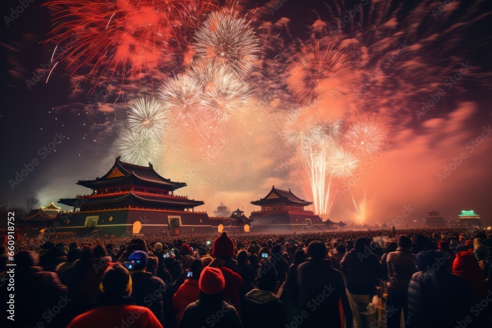 Fireworks and Festivities Photograph of Chinese new year fireworks celebrations on the chinese temple background - obrazy, fototapety, plakaty 