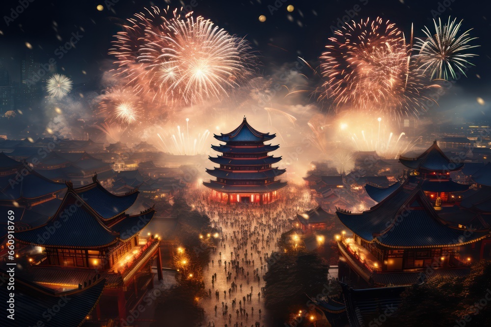 Fireworks and Festivities Photograph of Chinese new year fireworks celebrations on the chinese temple background - obrazy, fototapety, plakaty 