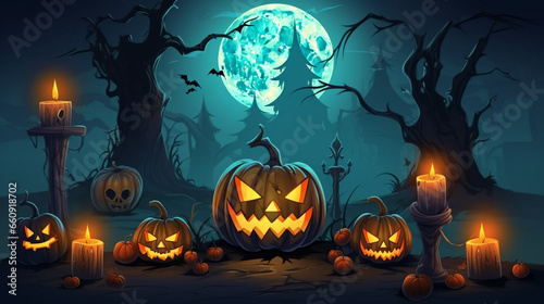 simple illustration, simple colors, Halloween pumpkin head jack lantern with burning candles, Spooky Forest with a full moon and wooden table, Pumpkins In Graveyard In The Spooky Night - Halloween Bac