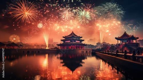 Fireworks and Festivities Photograph of Chinese new year fireworks celebrations on the chinese temple background photo