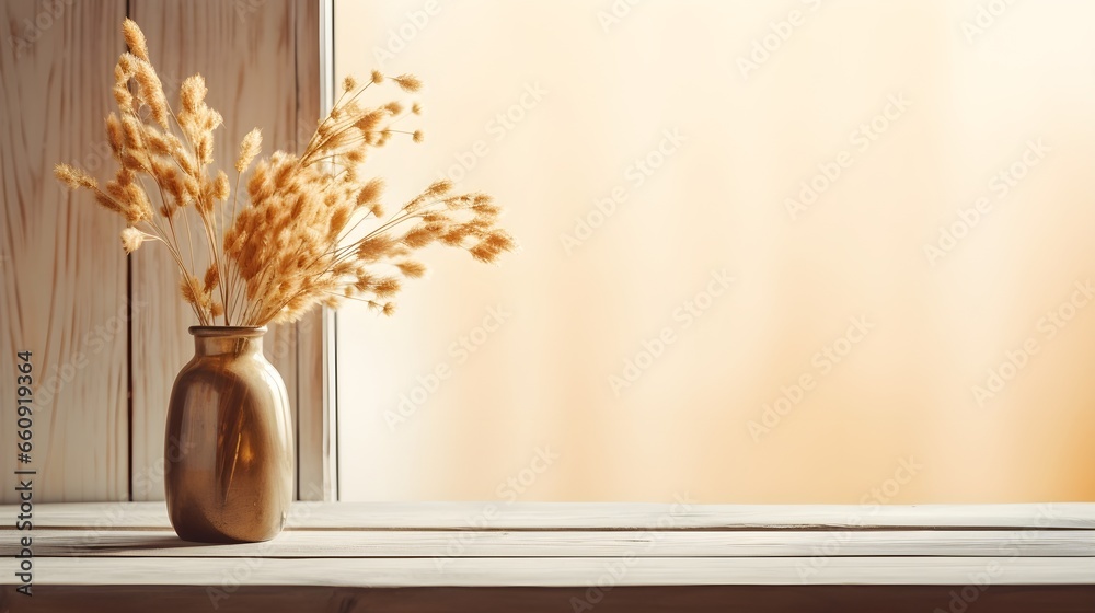vase with flowers on the table, Empty wood  table and vase with dry flowers on windowsill background,