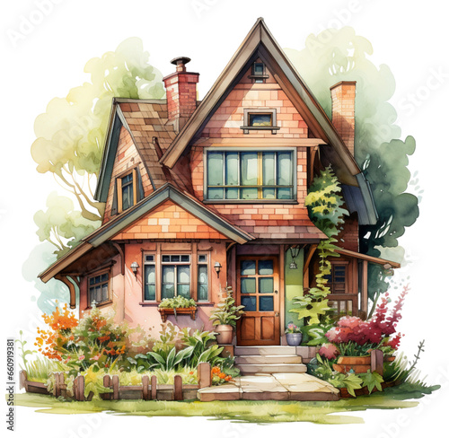 Watercolor house with pink roses cottages flowers illustration. Generative AI, png image