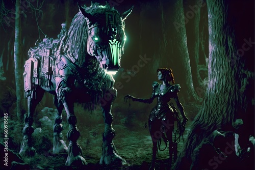 stillframe from Legend of Zelda as liveaction film Teela in forest with robothorse Darkfantasy 1987 neon cinematic lighting 