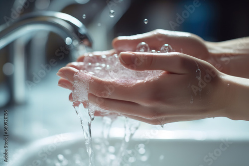 hands are washing at sink with plenty of soap photo