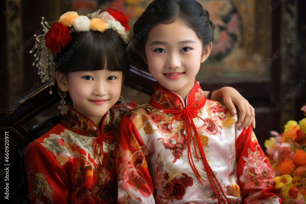 Chinese children wearing traditional Chinese dress. Chinese children wearing traditional Chinese dress.