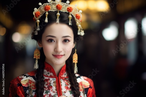 A beautiful Asian woman wearing traditional Chinese dress.