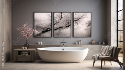 Modern bright bathroom interiors with art wallpaper. 