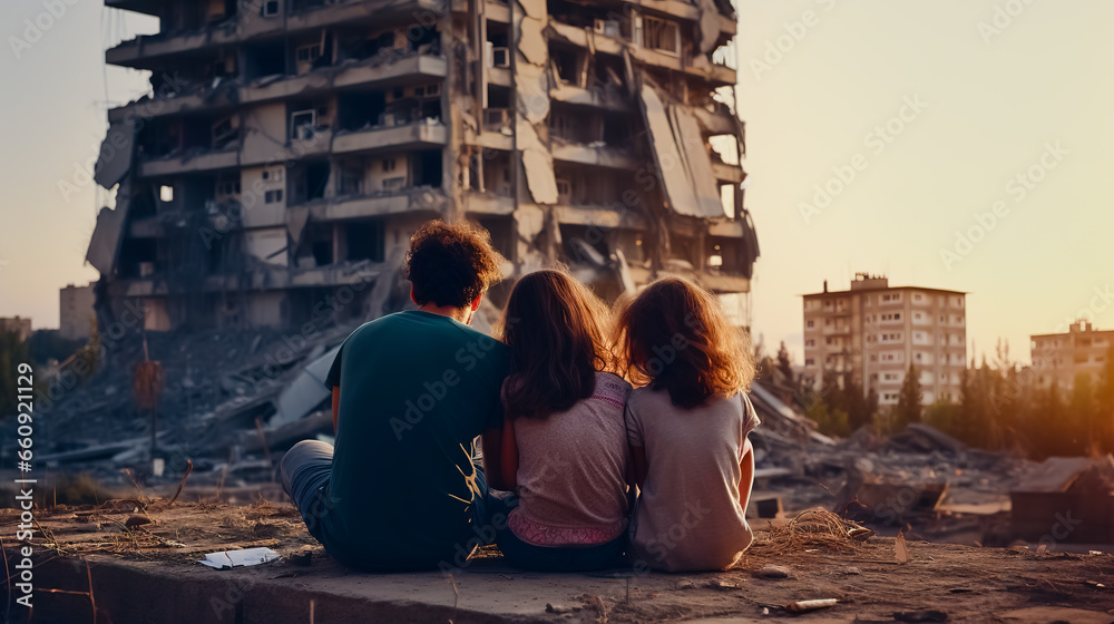 Fototapeta premium A family of three sits outside a destroyed apartment of a high - rise building.
