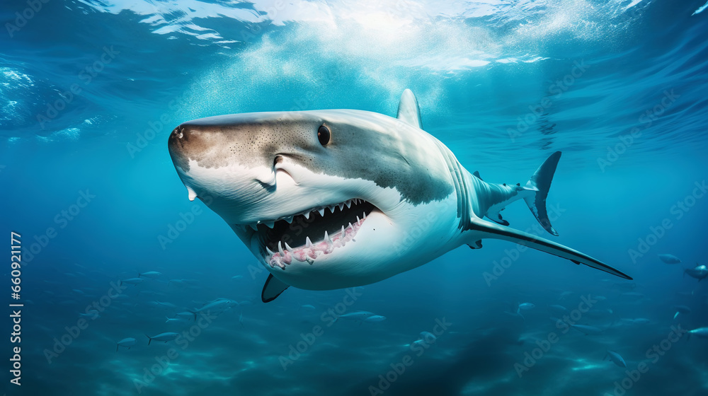 Naklejka premium Shark swimming under sun rays in the blue ocean waters. Generative AI