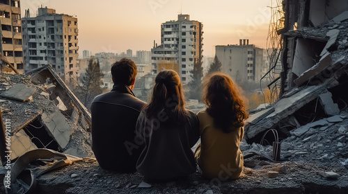A family of three sits outside a destroyed apartment of a high - rise building.