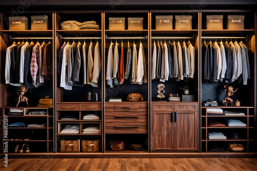 Big wardrobe with male clothes for dressing room. photo