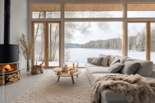 Cozy living room in a beautiful rustic cottage with big windows and views of the lake or river and forest  Scandinavian interior design