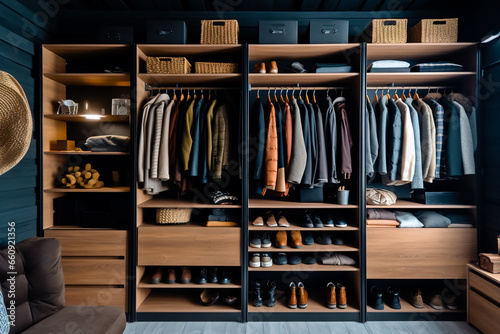 Big wardrobe with male clothes for dressing room.