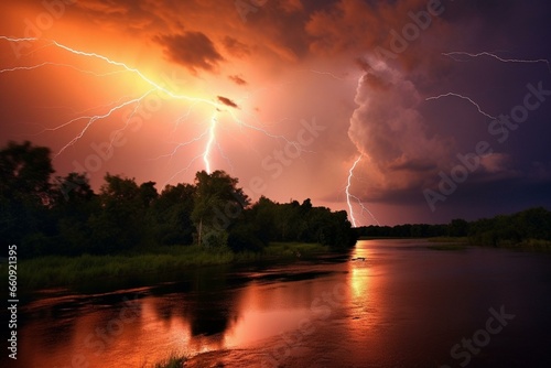 River thunderstorm lightning. Generative AI