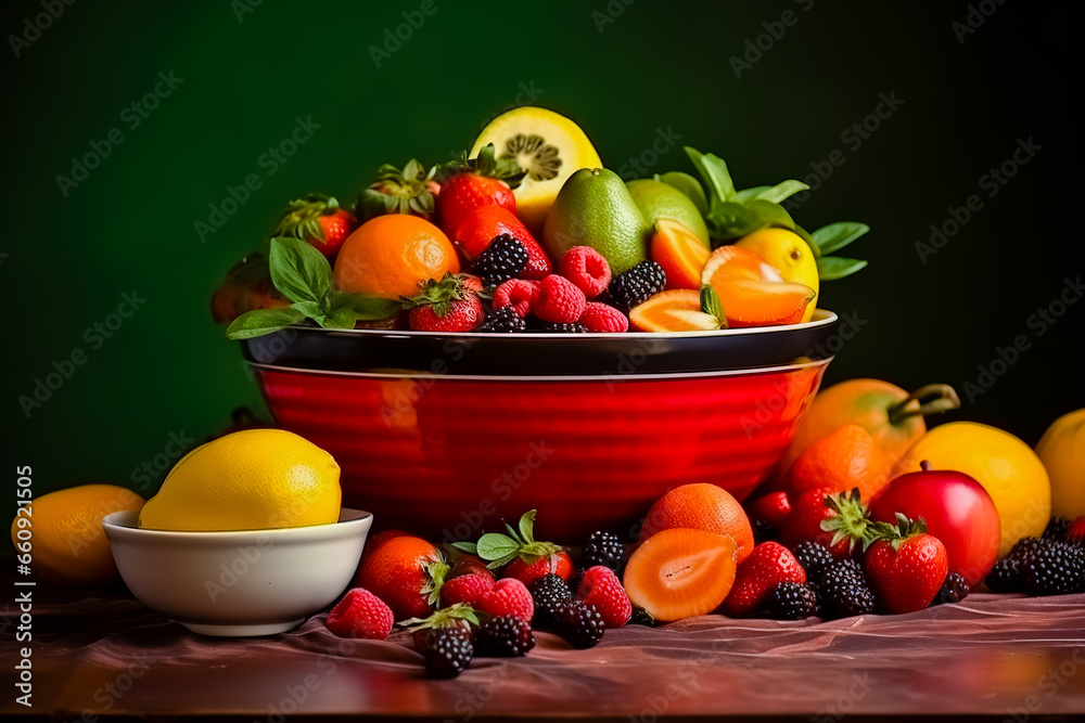 Basket and fresh fruits on wooden table.
