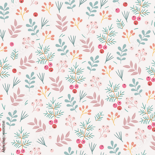 Vector seamless pattern with cranberry twigs on a light background in vintage style.