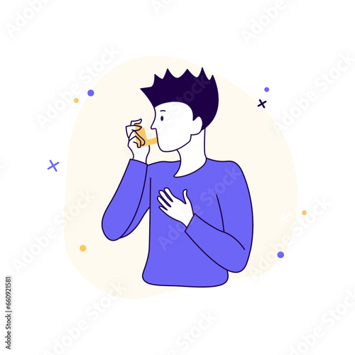 Illustration vectorielle médicale. Jeune homme qui utilise son inhalateur pour son asthme. Dessin à la main, tracé. Respiration, inspiration, poumons, santé, maladie, avaler, manger. Respirer, asthme photo