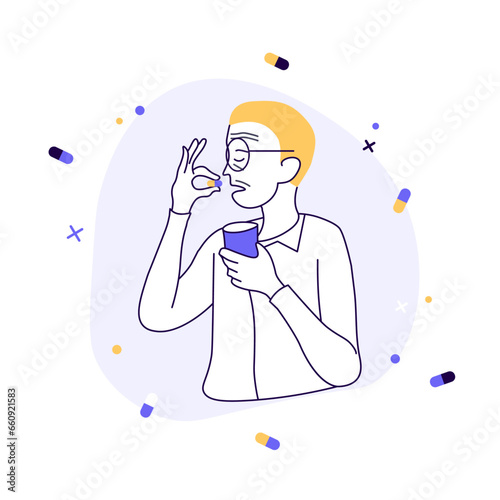 Illustration vectorielle médicale. Personne âgée qui avale ses médicaments avec un verre d'eau. Dessin à la main, tracé. Santé, maladie, avaler, manger Papi, vieux, grand père personnage, illustration