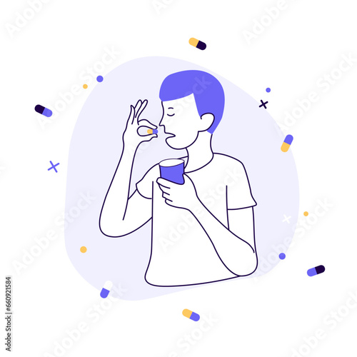 Illustration vectorielle médicale. Jeune homme qui avale ses médicaments avec un verre d'eau. Dessin à la main, tracé. Santé, maladie, avaler, manger. Se soigner, personnage, illustration