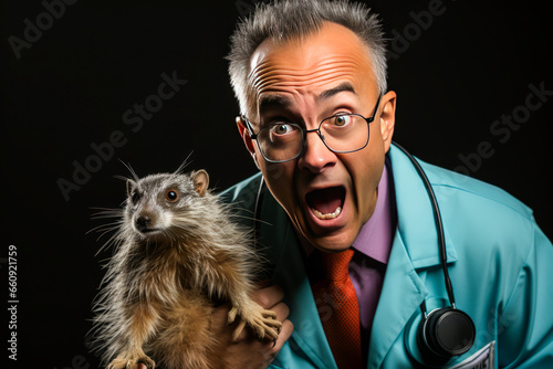 Tense veterinarian scowling at pet causing disarray with medical supplies on plain background. photo