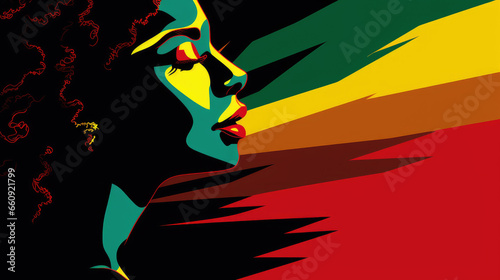 Black History Month background. African-American woman face in profile over red yellow green black colors background. Juneteenth freedom day. Racial equality, freedom, human rights day