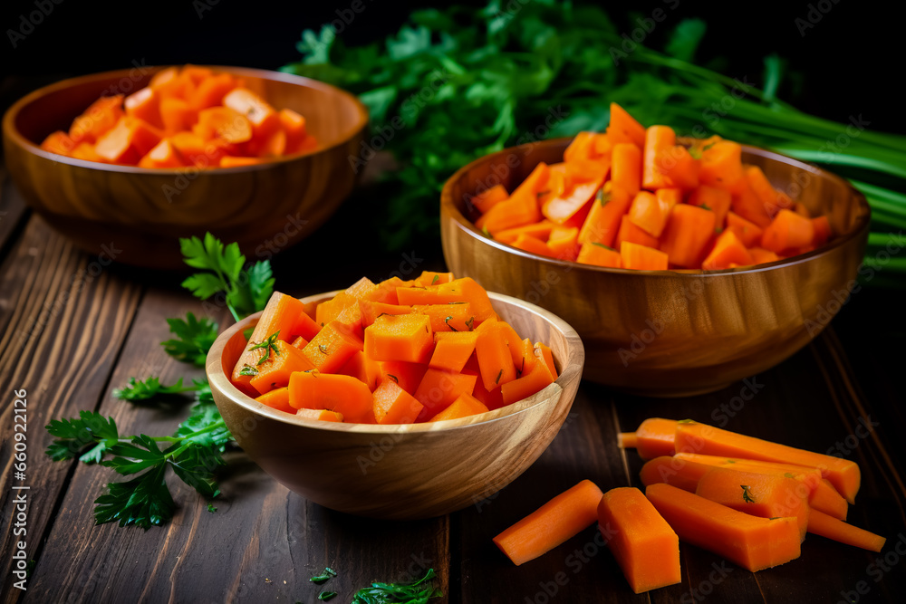 Different cuts of carrot in bowls on wooden background. - obrazy, fototapety, plakaty 