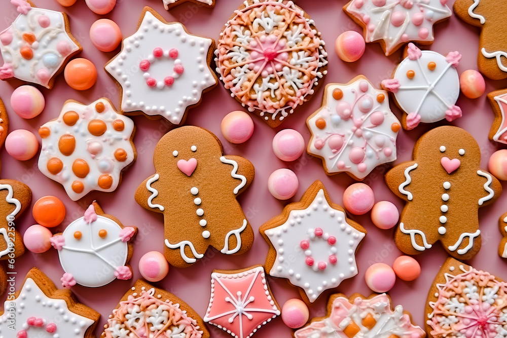 Gingerbread cookies for a children's party in the form of sweets and candies with copy space. Generative AI Gingerbread cookies for a children's party in the form of sweets and candies with copy space. Generative AI