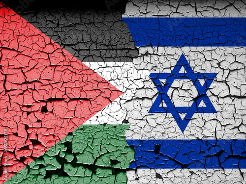 The flags of Israel and Palestine are both made of texture. Concept illustration depicting the conflict war between Palestine and Israel. Basemap and background concept. double exposure hologram