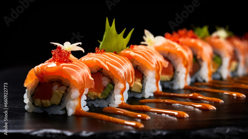 Sushi roll with salmon, avocado and caviar on black background