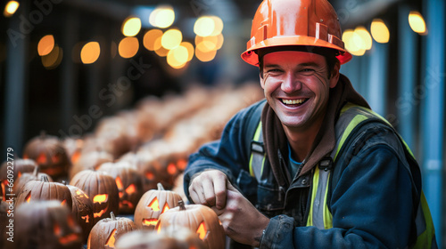 Unsettling Halloween construction scene featuring worker with pumpkin hard hat, bone hammer and eerie web-covered site at night.