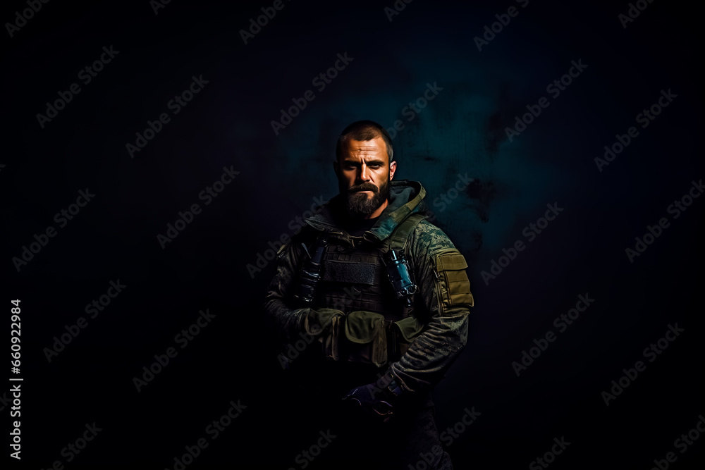 Modern special forces soldier in camouflage uniform looking sideways. studio photo against a dark textured wall. Generative AI Modern special forces soldier in camouflage uniform looking sideways. studio photo against a dark textured wall. Generative AI