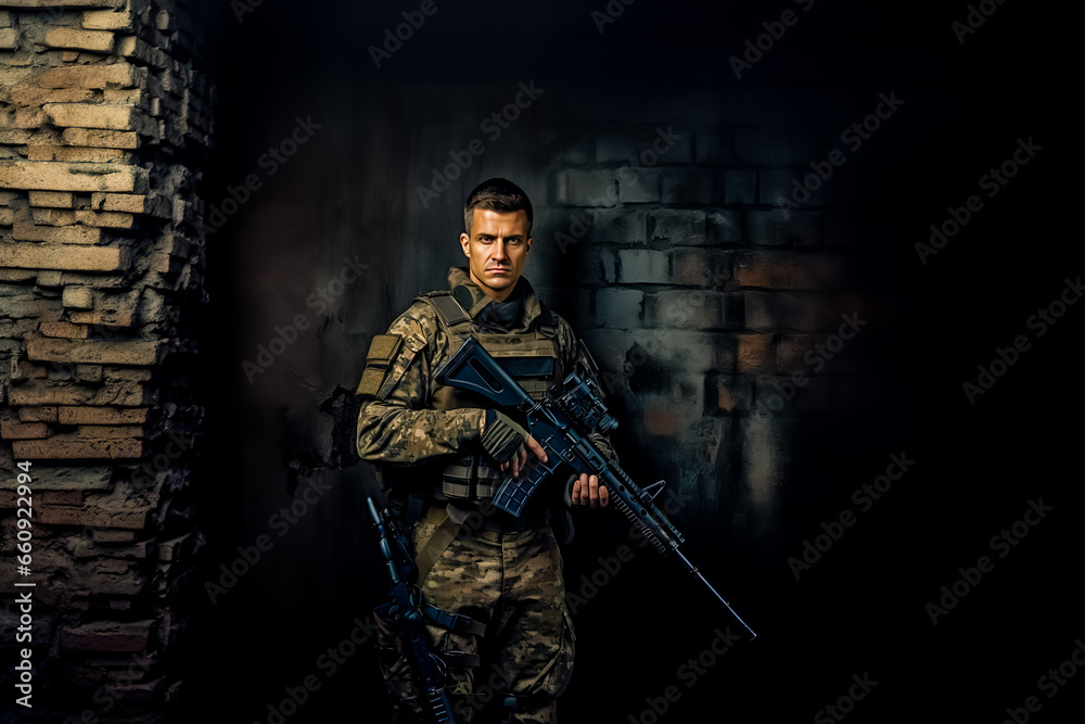 Modern special forces soldier in camouflage uniform looking sideways. studio photo against a dark textured wall. Generative AI Modern special forces soldier in camouflage uniform looking sideways. studio photo against a dark textured wall. Generative AI