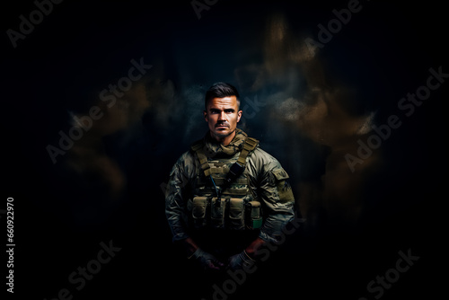Modern special forces soldier in camouflage uniform looking sideways. studio photo against a dark textured wall. Generative AI