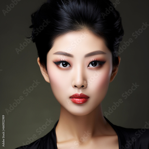 Portrait of beautiful asian woman with professional makeup and hairstyle. Close-up face of attractive asian girl with black straight hair and makeup, studio shot. 3d render. AI generated