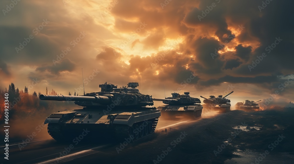 Tanks with tankers turn around and go to the training Tanks with tankers turn around and go to the training