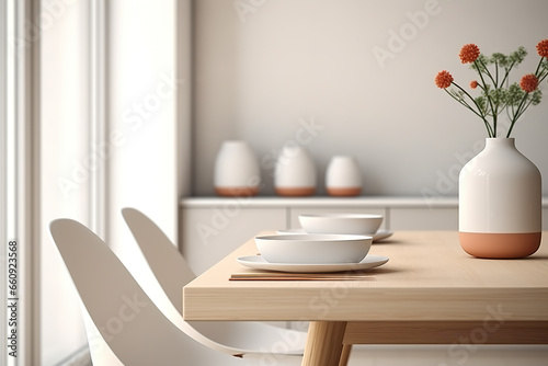 Dining table with white tableware and a vase in light tones