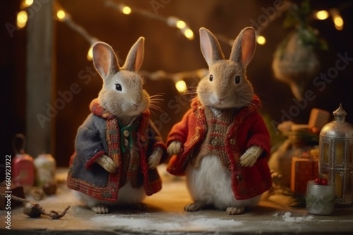 a pair of rabbits in festive outfits joyously reveling in Christmas. Generative AI