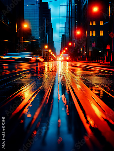 Street scene with blurry traffic, glowing car light dots, minimalist abstracts. Generative AI