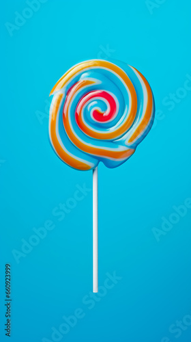 Tasty appetising party accessory sweet swirl candy lollypop on blue background top view. Generative AI