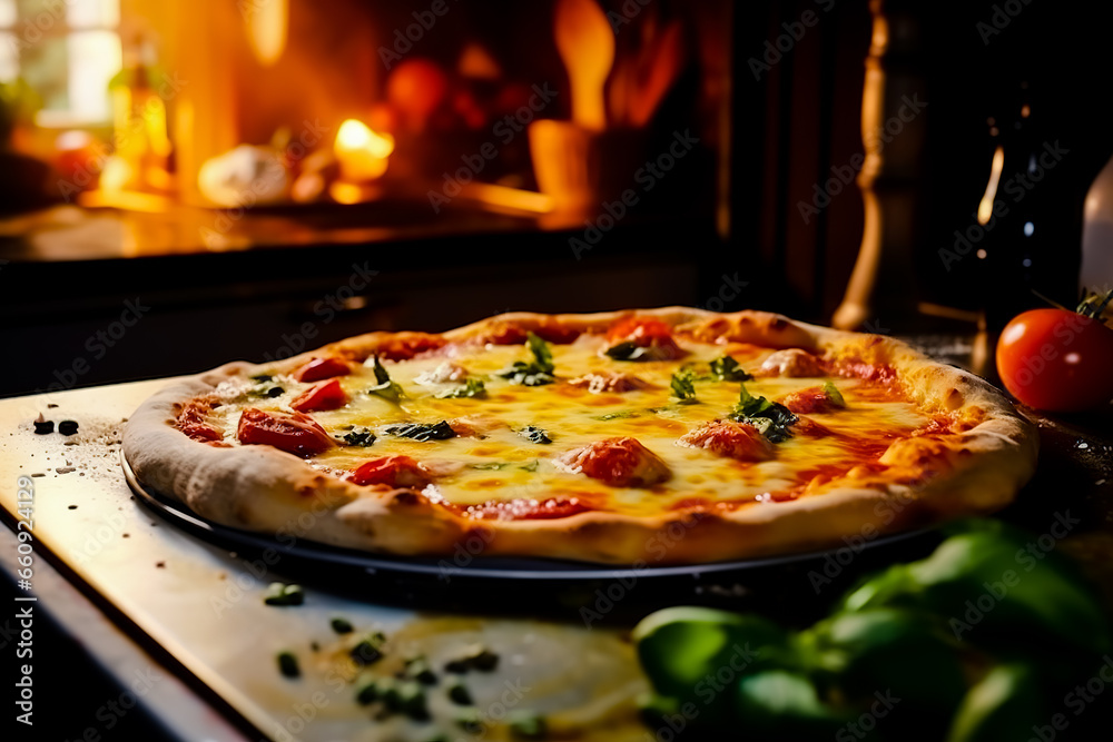 Tasty pizza on table against stove in kitchen. Generative AI Tasty pizza on table against stove in kitchen. Generative AI