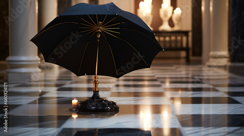 A black umbrella sitting on top of a marble floor