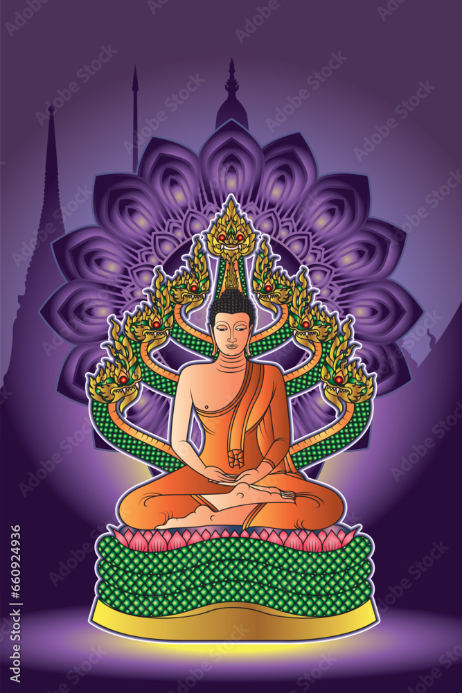 Protected by Naga King (Pang Nak Prok).The Saturday Buddha image is sitting in a full lotus position in meditation on the coiled body of the naga Muchalinda that uses its head as a cover ag